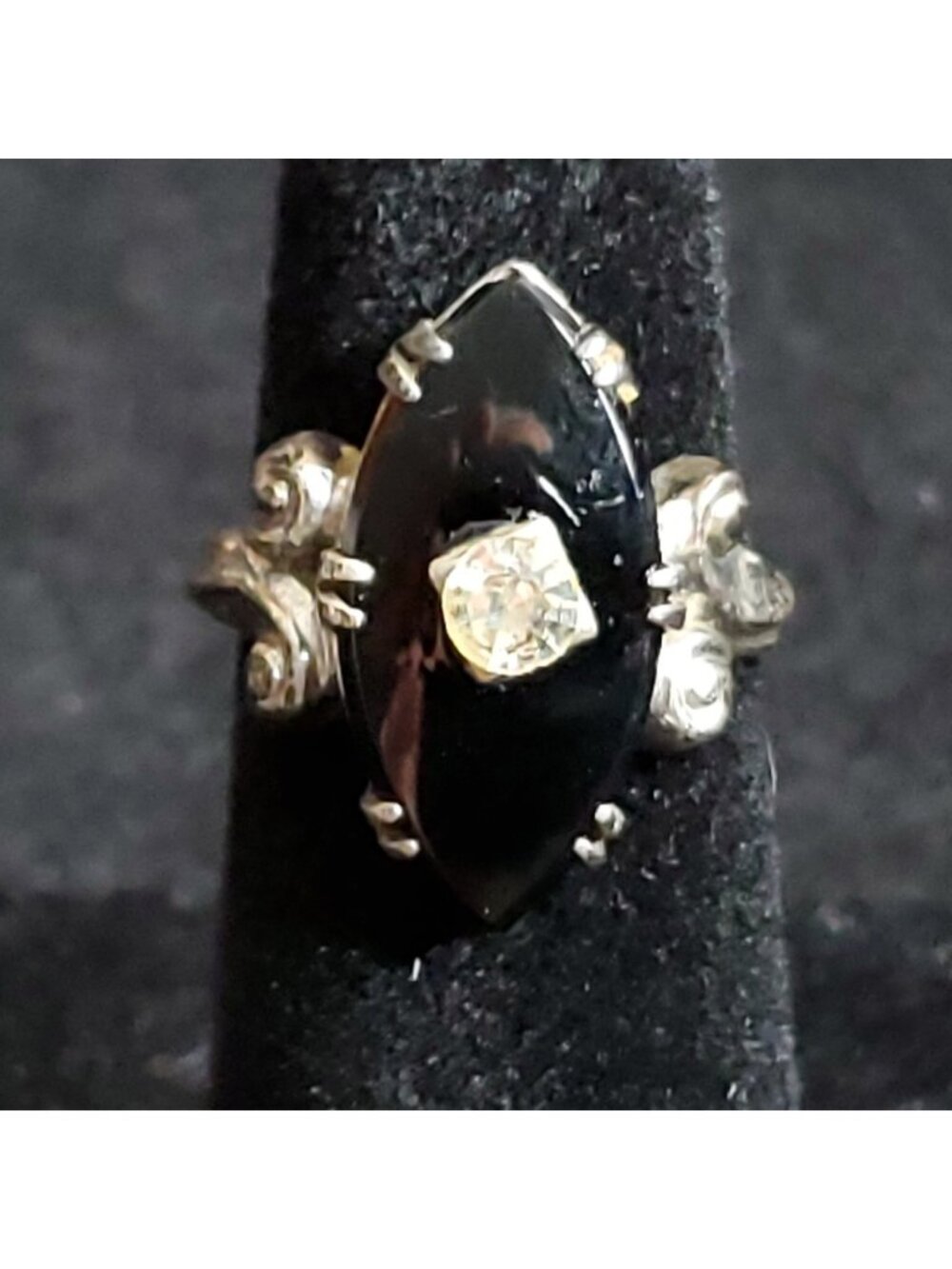 Vintage Onyx Pinky Ring Sz 3.25 Sterling Silver Marquise
